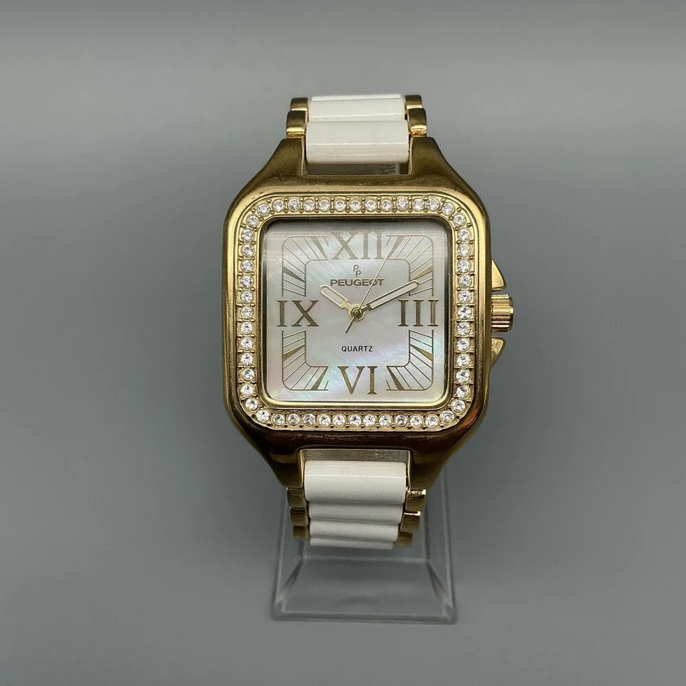 Peugeot Womens Watch 35mm Gold Tone MOP Crystal Bezel New Battery 7.25